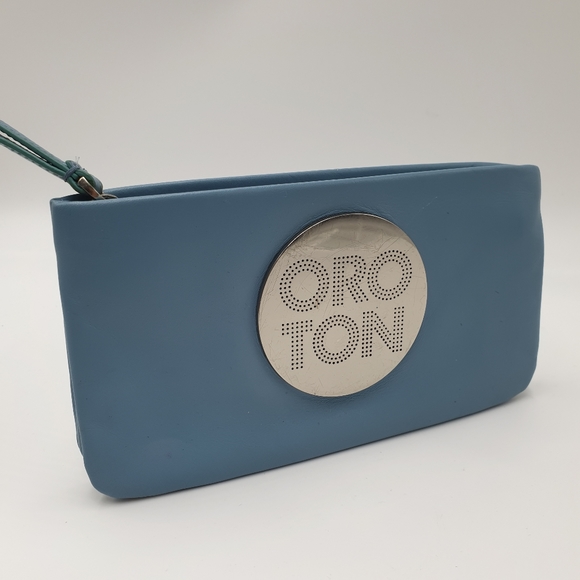 EXTRA 30% OFF🖤 Oroton Dusty Blue Leather Silver Logo Zip Top Pouch Wrislet - Picture 3 of 15